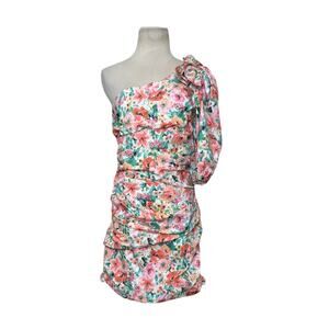 Zara pink green floral one shoulder ruched mini dress size Large